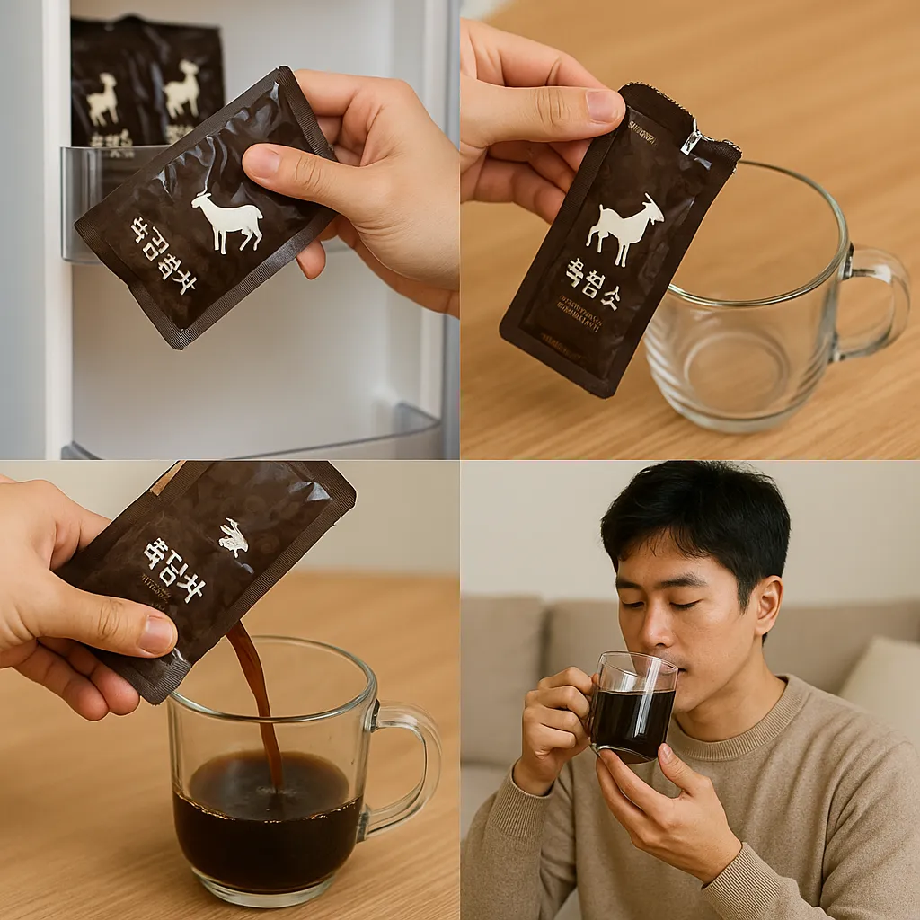 진액 파우치를 꺼내고 컵에 따르는 4단계 과정
