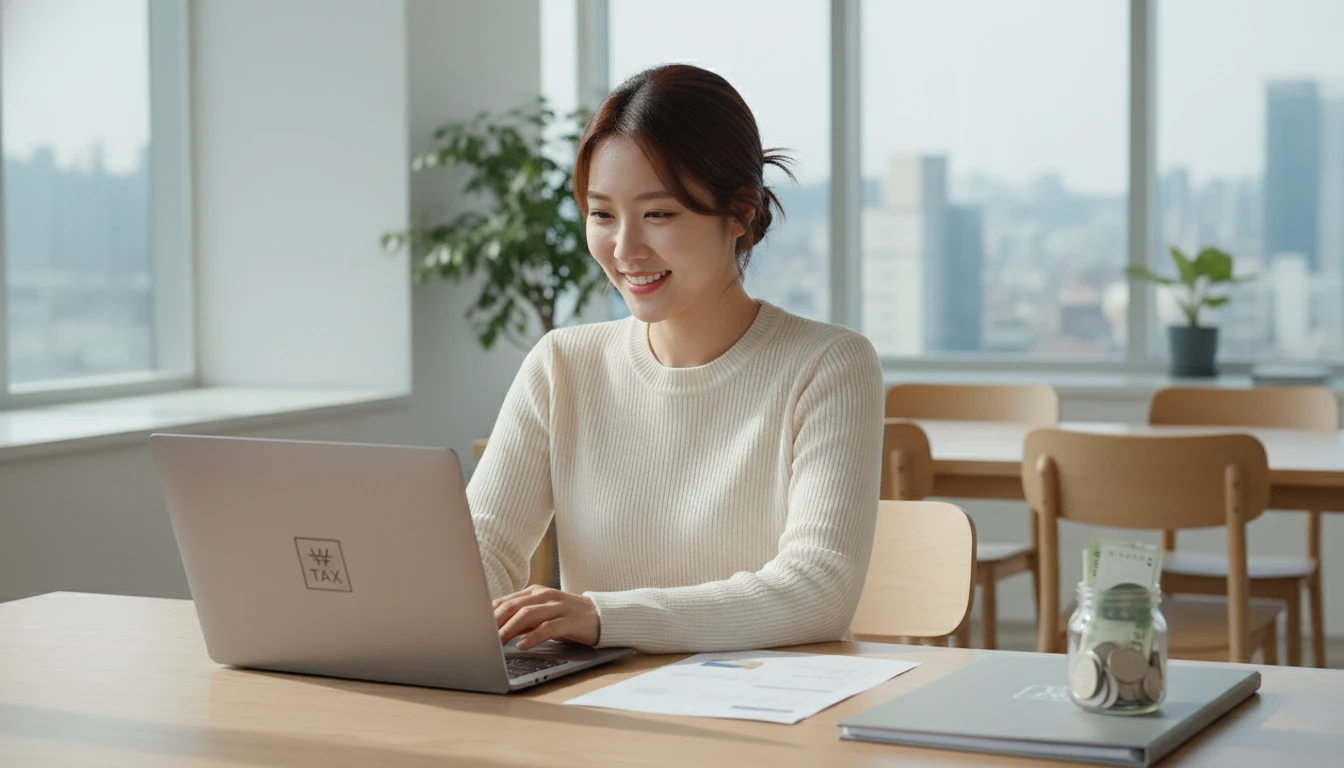 노트북 화면을 보며 연말정산을 통해 절세하는 한국 여성이 희망찬 표정으로 앉아있습니다. 주변에는 세금 서류와 돈을 상징하는 깔끔한 소품들이 놓여있습니다.