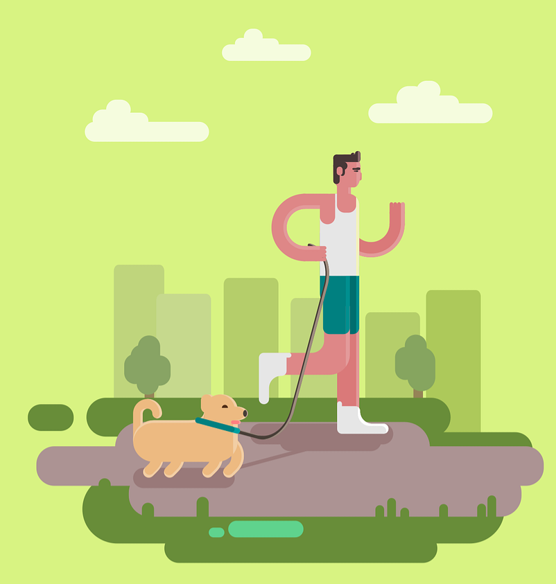 운동이 정신 건강에 미치는 긍정적 효과를 위해 강아지와 함께 조깅하고 있는 남자 일러스트