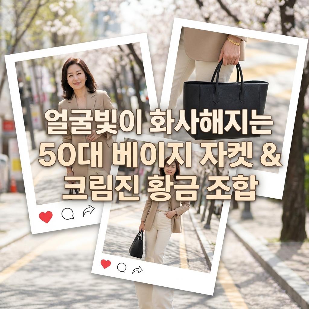 50대 베이지 자켓 코디 크림진 매치 우아한 중년 봄 패션