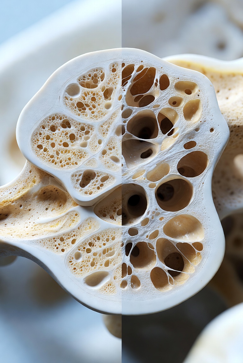 정상 뼈와 골밀도가 낮아진 골다공증 뼈의 내부 단면 구조를 비교한 이미지. 왼쪽은 촘촘하고 단단한 조직을, 오른쪽은 구멍이 크고 헐거워진 골다공증 조직을 시각적으로 보여줌.