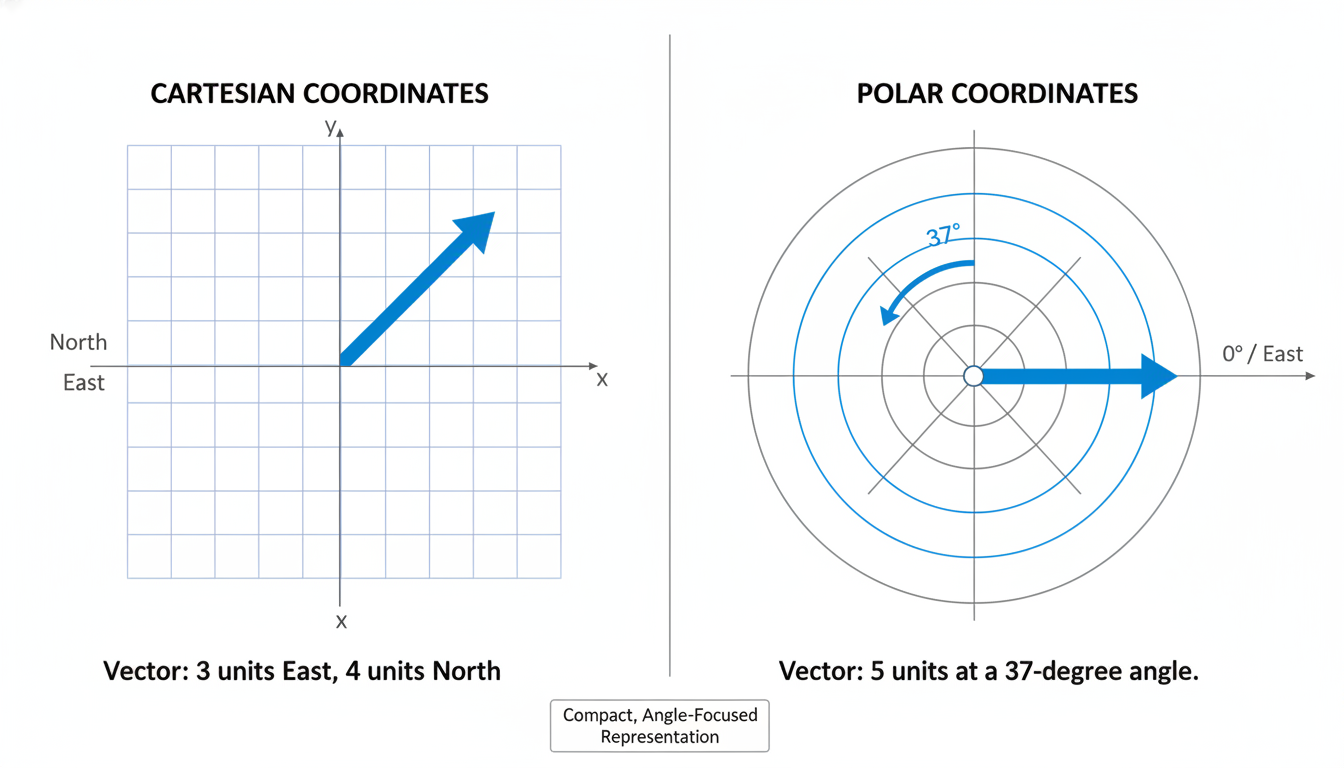 직교 좌표계와 극좌표계를 비교하는 인포그래픽. 동일한 데이터를 직교 좌표계는 X, Y 거리로, 극좌표계는 반지름과 각도로 더 효율적으로 표현하는 모습.