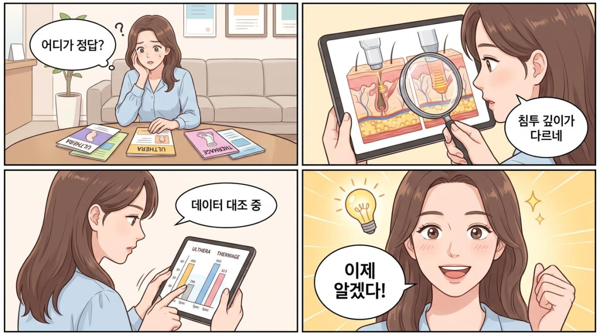 울쎄라 써마지 스펙과 원리를 대조하는 4컷 만화