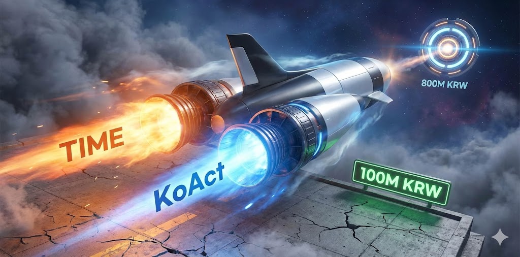 두 개의 강력한 엔진(ETF)이 달린 로켓이 1억 원의 지면을 박차고 8억 원의 목표 지점으로 날아오르는 화려한 일러스트