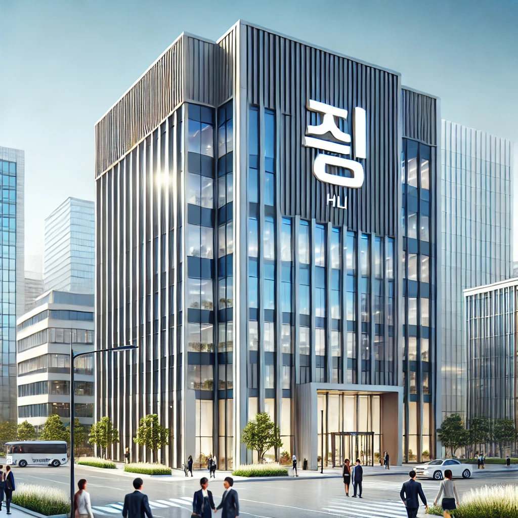 현대적인 사옥 건물, HL클레무브 로고가 보이는 도시의 세련된 유리 건물, 주변에 걷는 직장인들, 맑은 하늘과 활기찬 도시의 모습