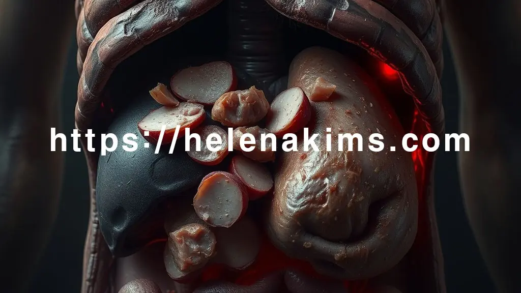 인체 내부, 특히 장기가 어둡고 부식되어가는 모습 위에 햄, 소시지 조각들이 놓여 있습니다.