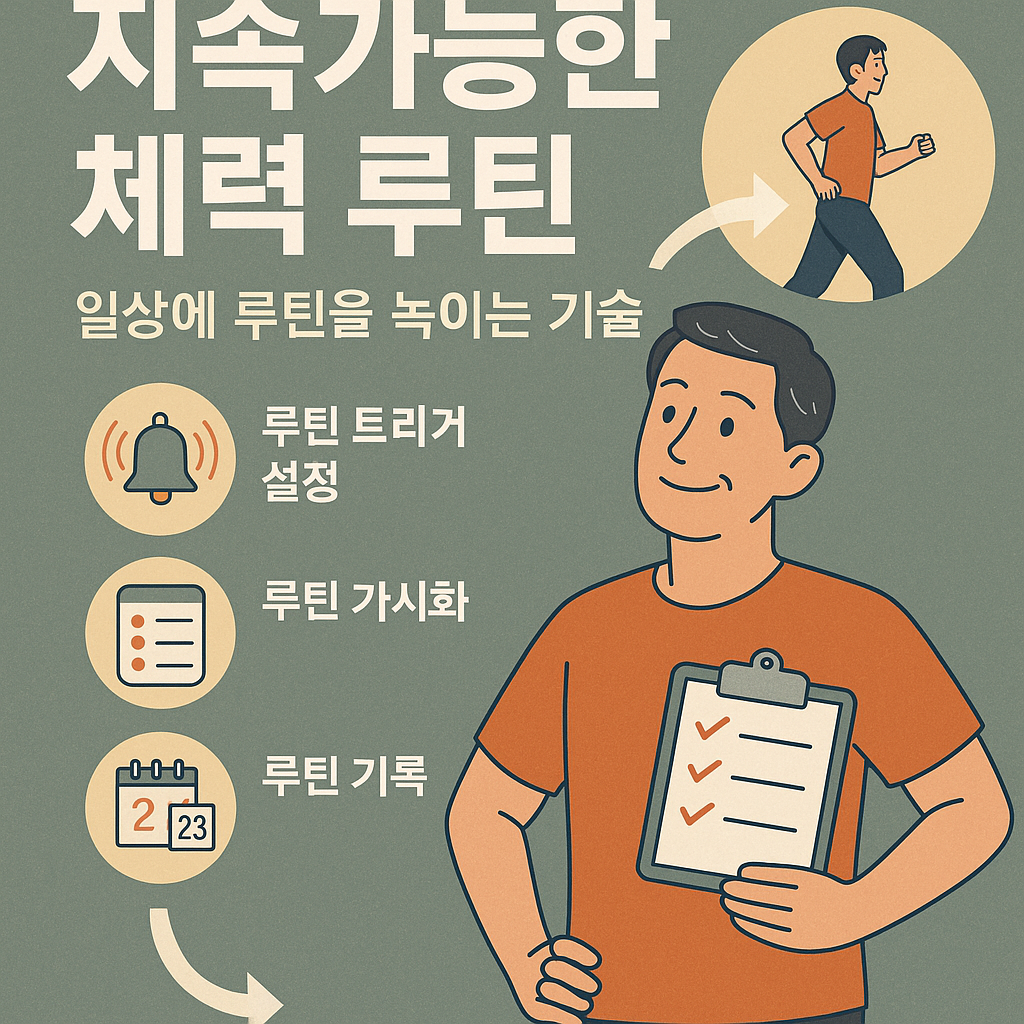 중년 남성과 여성이 일상 동작에 루틴을 자연스럽게 연결하며 실천하고 있는 모습과 루틴 자동화 전략을 요약한 인포그래픽 스타일의 일러스트