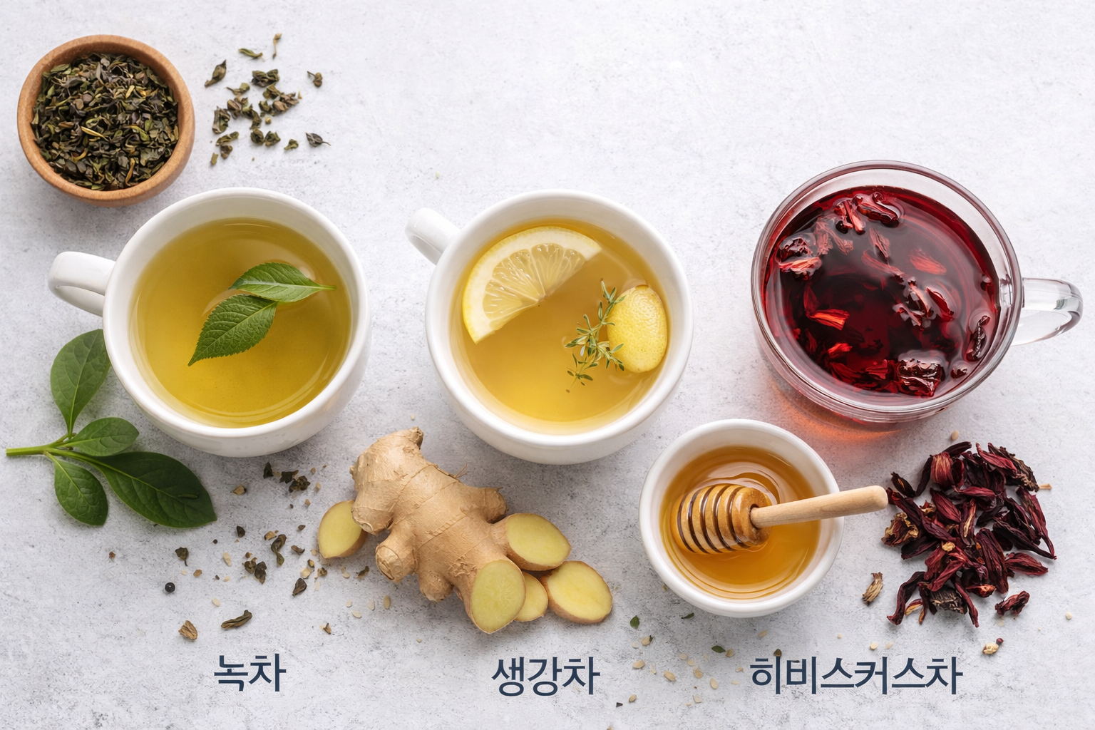 혈관에 좋은 차 녹차 생강차 히비스커스차 이미지