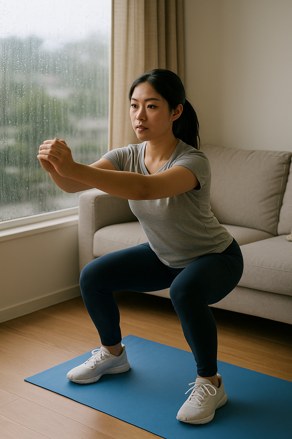 빗방울 맺힌 창가 앞 거실에서 요가매트 위에 서서 스쿼트하는 여성의 운동 자세
