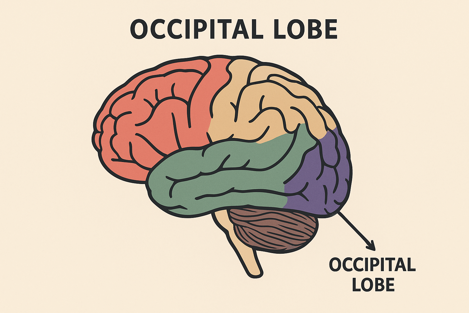 이 이미지는 인간의 뇌 구조를 측면에서 보여주며, 후두엽을 보라색으로 강조하여 각 뇌엽의 위치와 기능을 구분하기 쉽게 표현하였다. 전두엽, 두정엽, 측두엽은 각각 다른 색으로 구분되어 있고, 화살표로 후두엽의 정확한 위치를 명확히 나타낸다. 시각 정보 처리를 담당하는 후두엽의 역할을 학습하는 데 적합한 교육용 뇌 구조도이다.