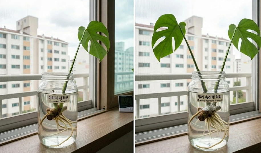 루팅 파우더를 바른 삽목 줄기와 바르지 않은 줄기를 수경재배로 나란히 비교하는 모습