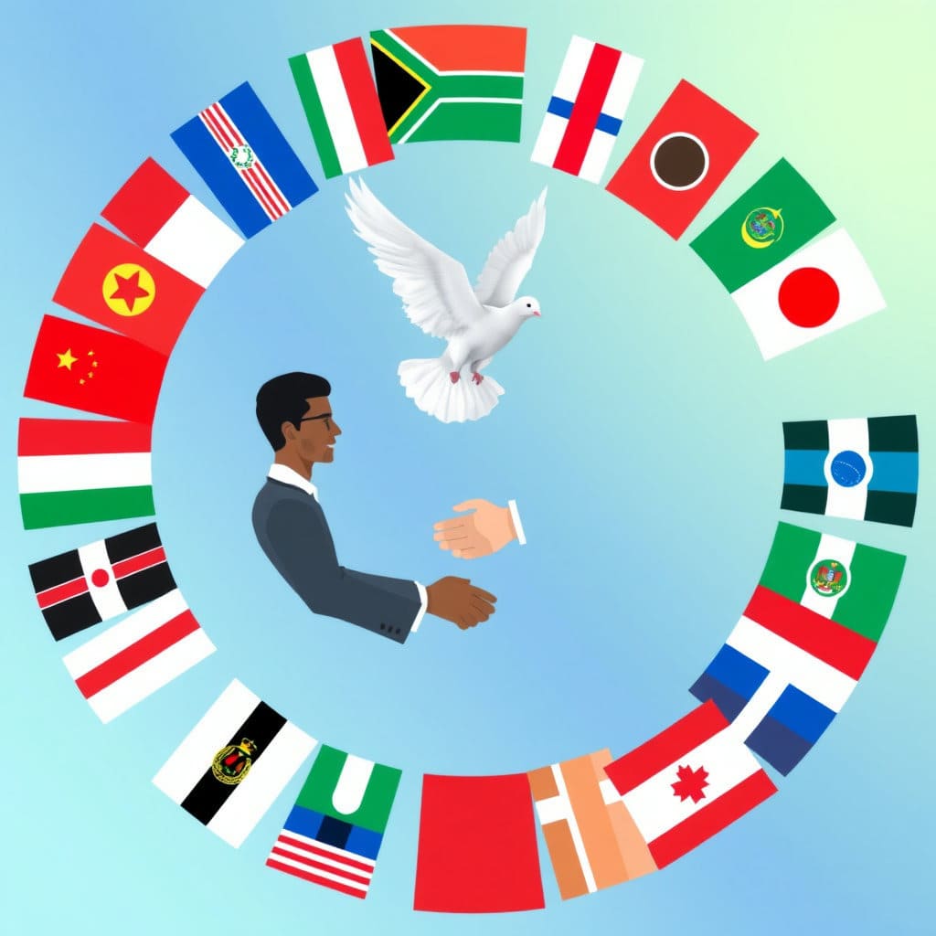 군사적 충돌을 피하고 평화적인 해결책을 모색하는 국제 사회의 노력을 상징합니다. 대화와 협상을 통해 긴장을 완화하고 위기를 관리하는 외교의 중요성을 부각합니다.