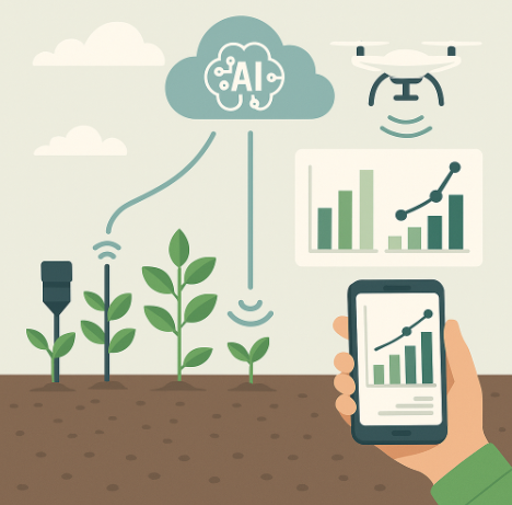 농작물 성장 추적 시스템을 시각화한 이미지. 농장 내 센서와 드론이 데이터를 수집하고, 클라우드와 AI 분석 시스템이 이를 처리해 농민의 스마트 기기로 전달되는 과정을 표현한 디지털 농업 인포그래픽.