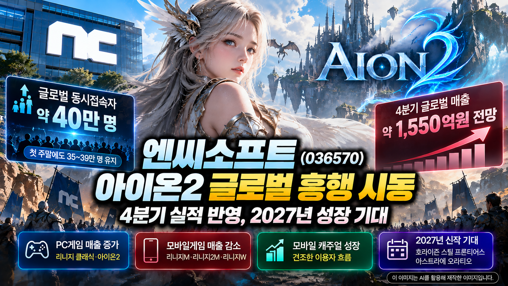 엔씨소프트 기업분석, 아이온2 글로벌 동시접속자 40만 명 돌파와 2026년 4분기 매출 1,550억원 전망, PC게임 성장 및 2027년 실적 개선 기대
