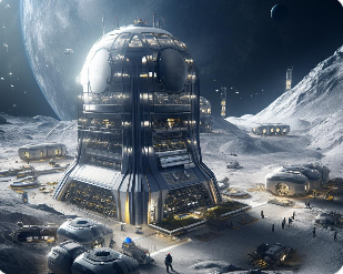 달 기지가 달 표면에 건설되어 있는 미래 우주 이미지