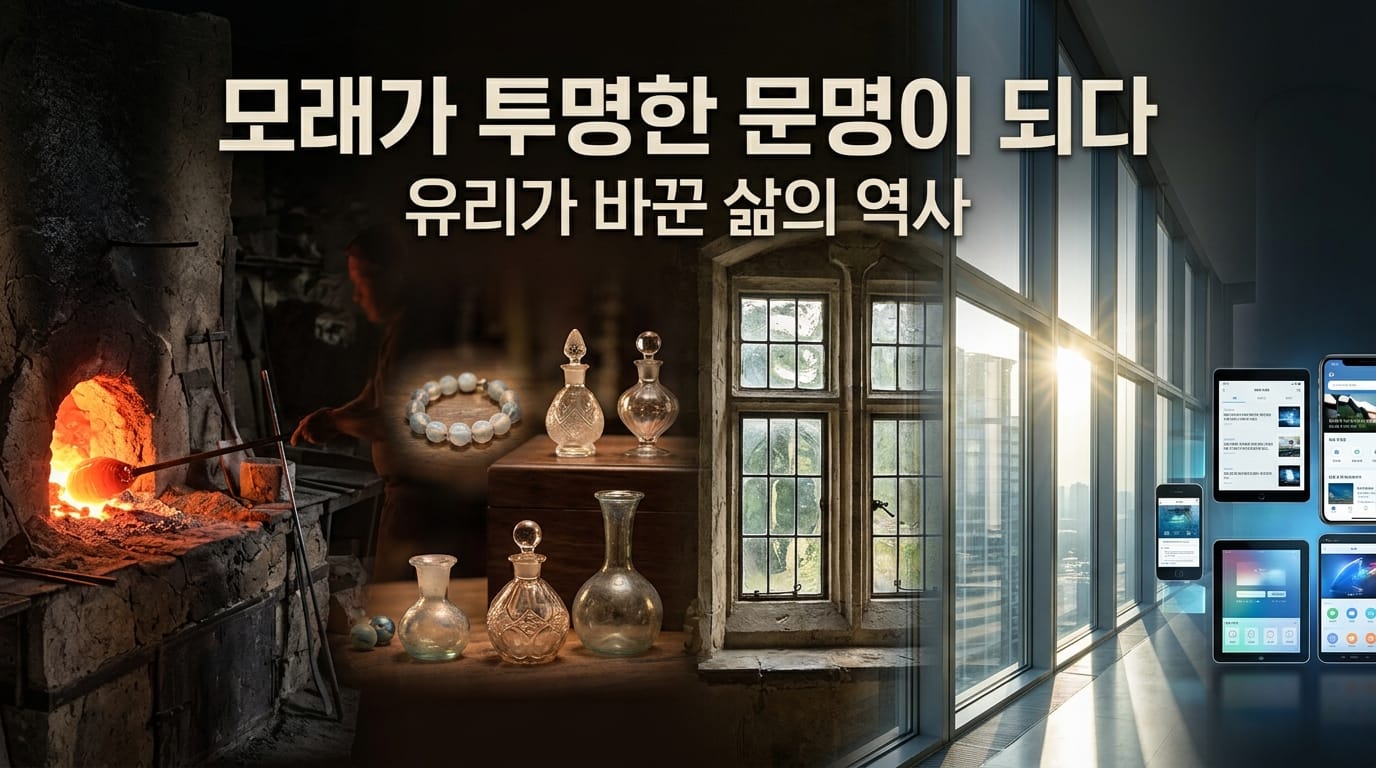 모래와 고대 유리 공예, 창문 유리, 스마트폰 화면으로 이어지는 유리의 발전 과정을 보여주는 이미지