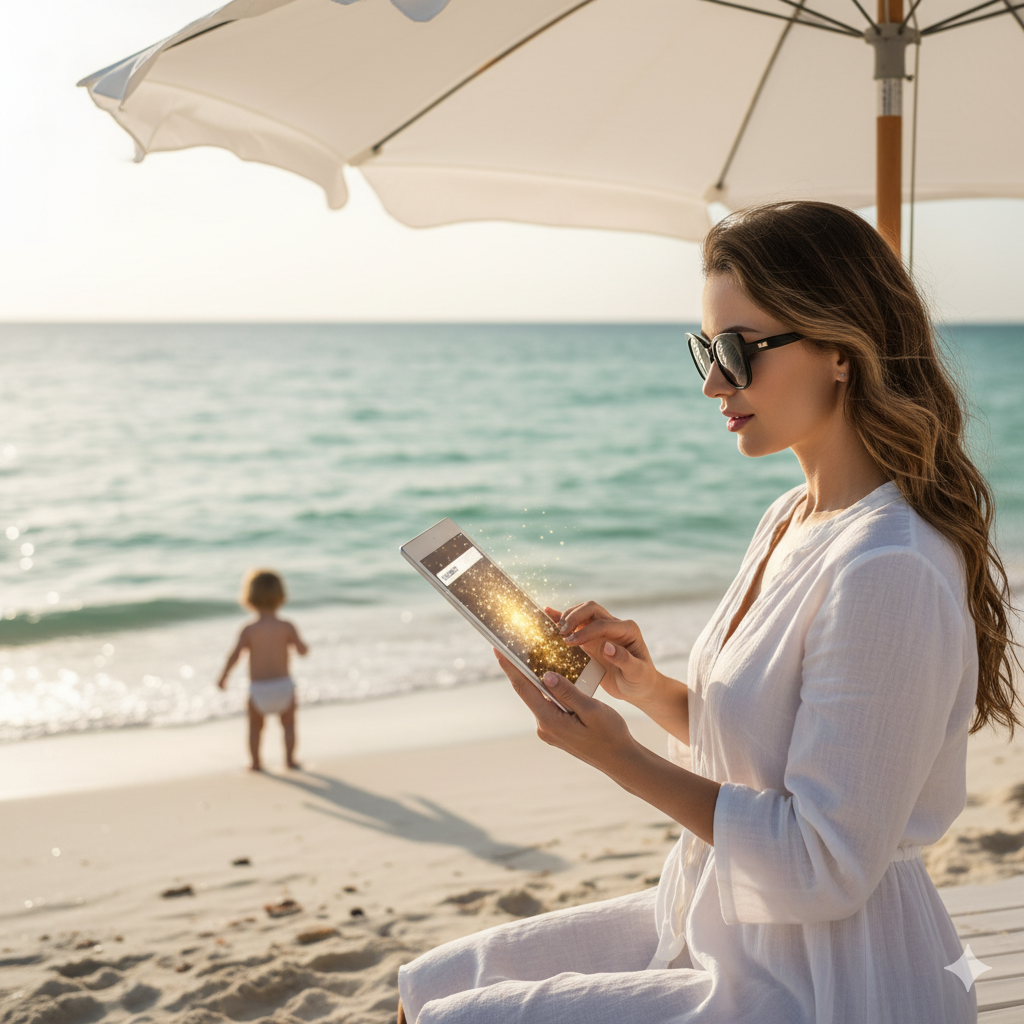 해변 파라솔 아래서 여성이 태블릿 검색창에 URL(빛 입자)을 입력하는 모습