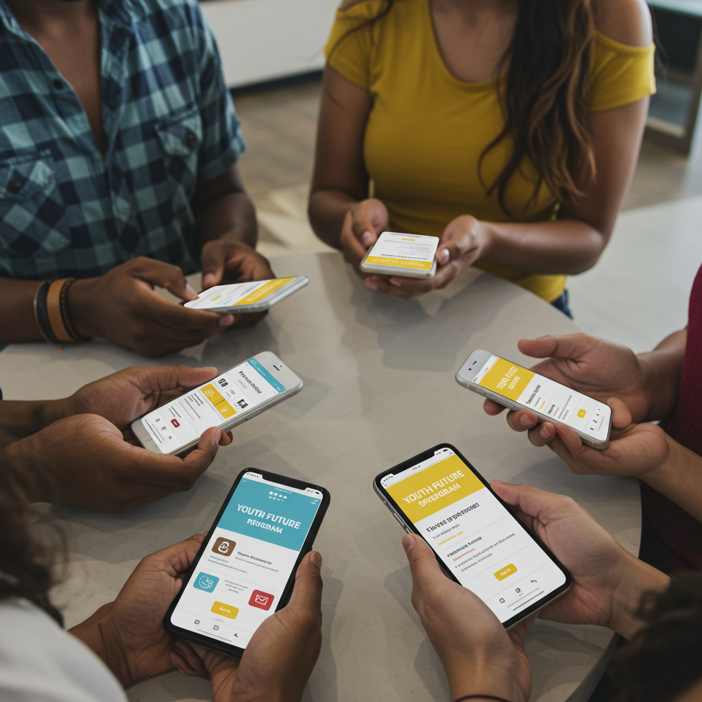 청년들이 모바일 앱으로 청년미래적금을 신청하는 모습