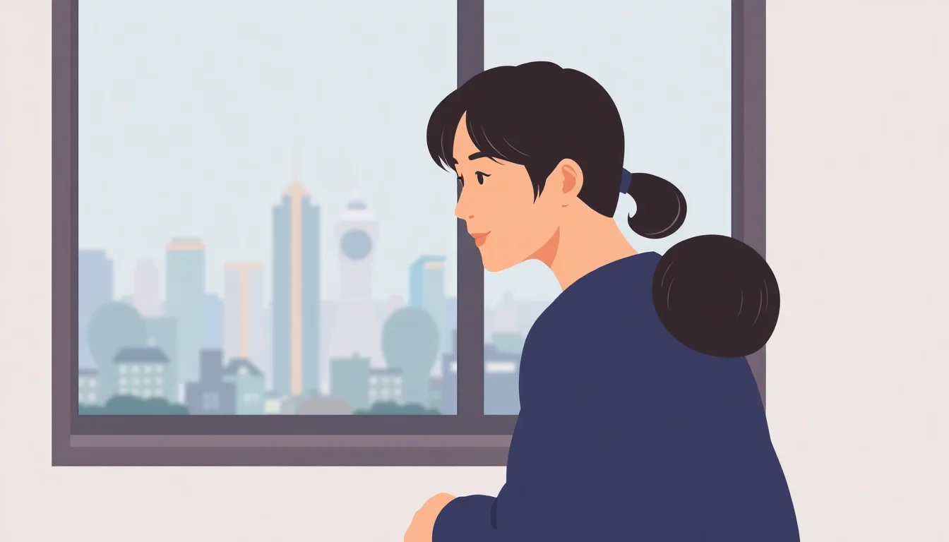 창밖 도시를 바라보는 검은 머리 여성