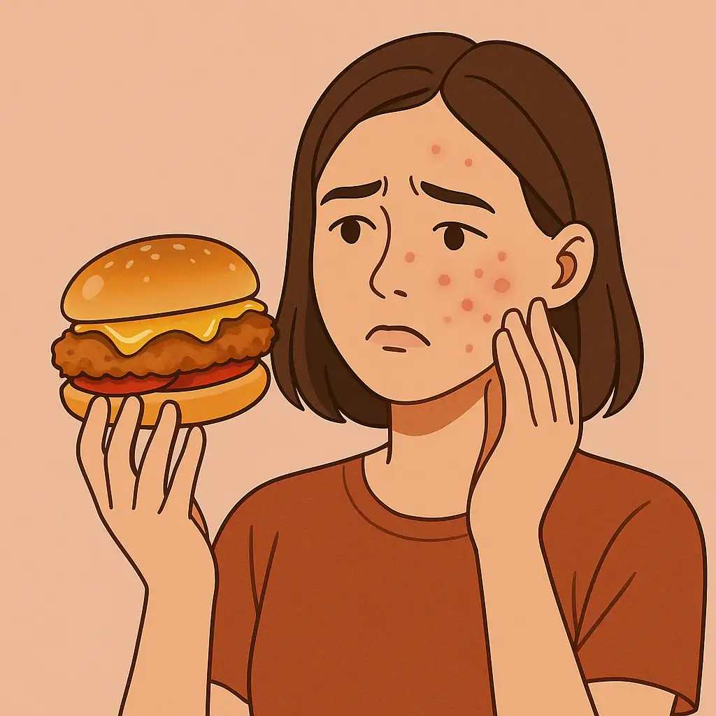 기름진-음식인-햄버거를-들고-피부의-여드름을-걱정하며-고민하는-여성의-표정을-통해-기름기-많은-식단이-피부-트러블에-미치는-영향을-표현한-이미지