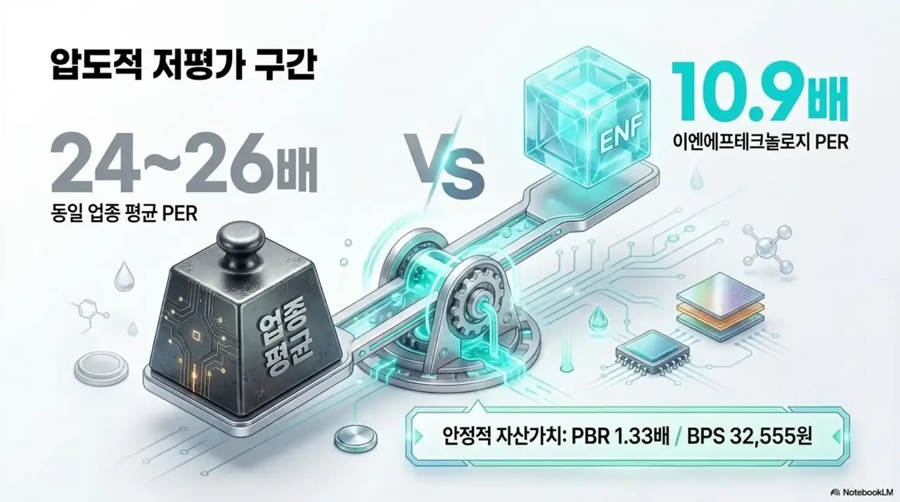 이엔에프테크놀로지 주가 전망: 이엔에프테크놀로지의 밸류에이션 매력을 저울로 비교한 이미지. 동일 업종 평균 PER 24에서 26배 대비 이엔에프테크놀로지 PER 10.9배라는 저평가 구간과 PBR 1.33배, BPS 32555원의 안정적 자산가치를 시각적으로 전달함