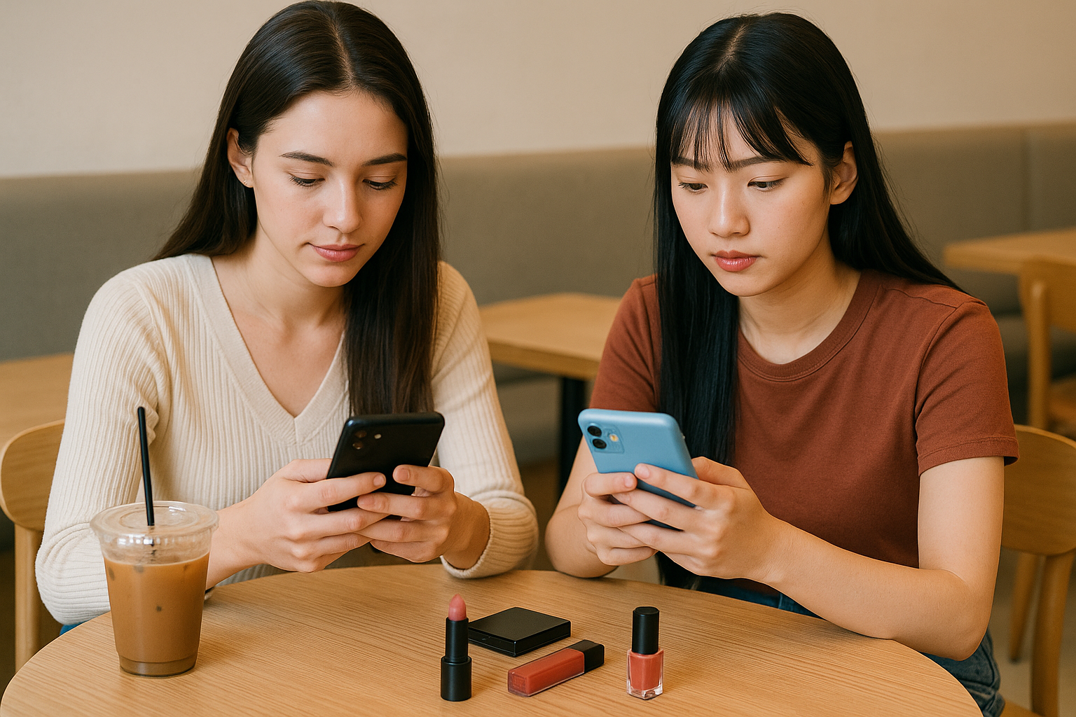 20대의 여성들이 까페에서 화장품 성분을 검색하고 있는 이미지