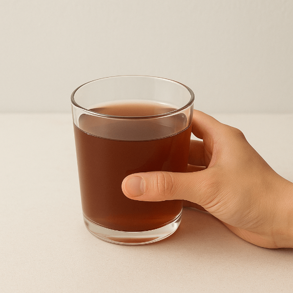 팥물 또는 팥차를 유리잔에 담은 모습