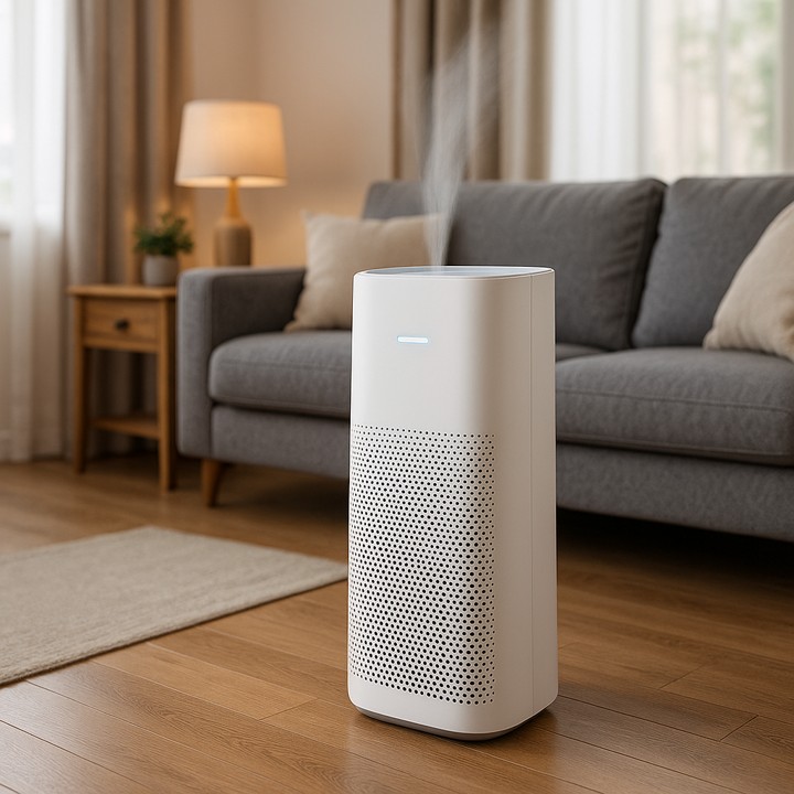 거실에 작동중인 공기청정기