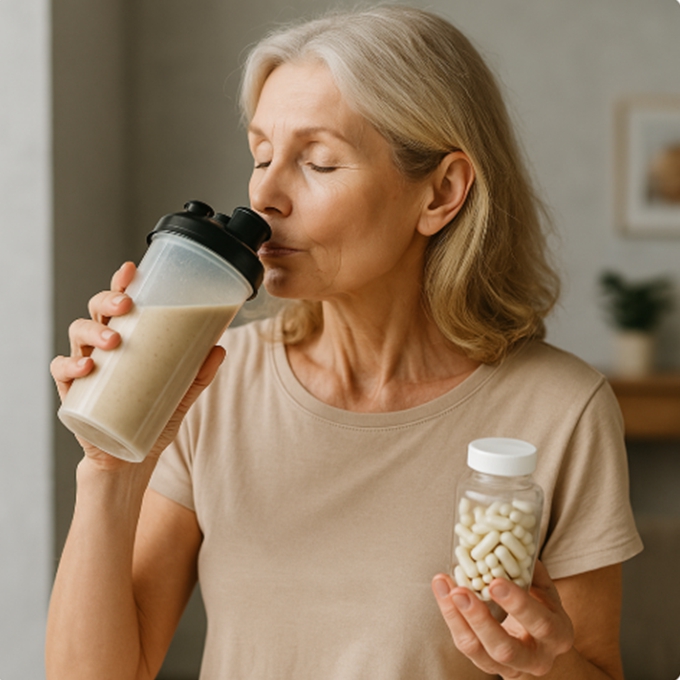 갱년기 여성이 단백질 쉐이크와 콜라겐 보충제를 비교하며 건강을 고민하는 모습