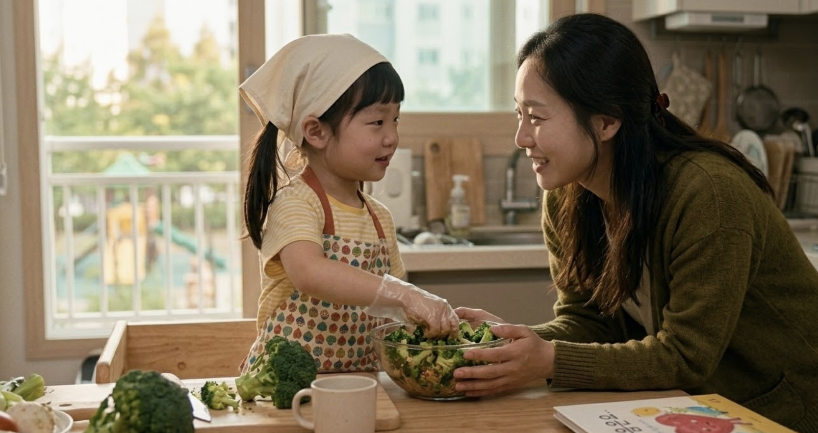 주방에서 앞치마와 머리수건을 쓴 아이가 고사리 같은 손으로 브로콜리 나물을 직접 무치고 있고, 옆에서 엄마가 아이를 대견한 듯 따뜻한 미소로 바라보며 응원하는 모습