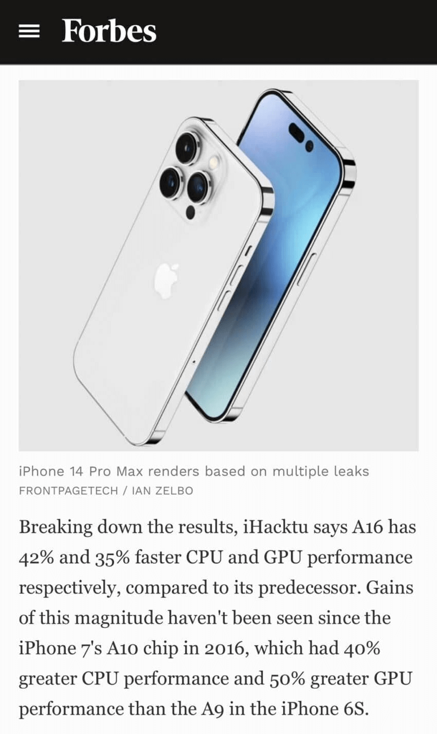 포브스 신문기사 아이폰14 성능 충격적