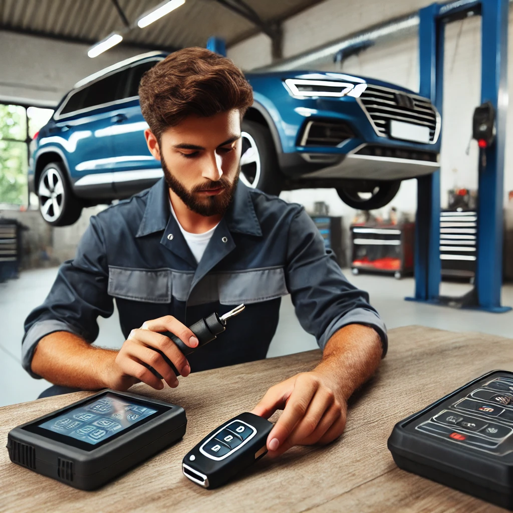정비사가 자동차 스마트키를 설정 하는 모습