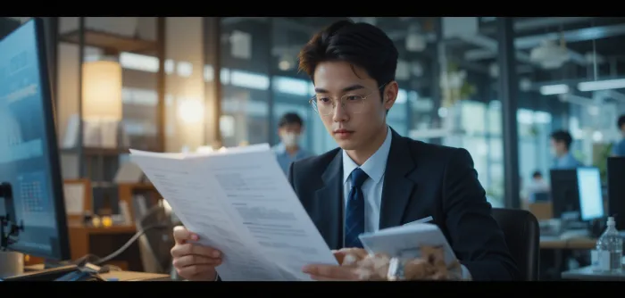 사무실에서 야근하며 문서를 검토하는 직장인