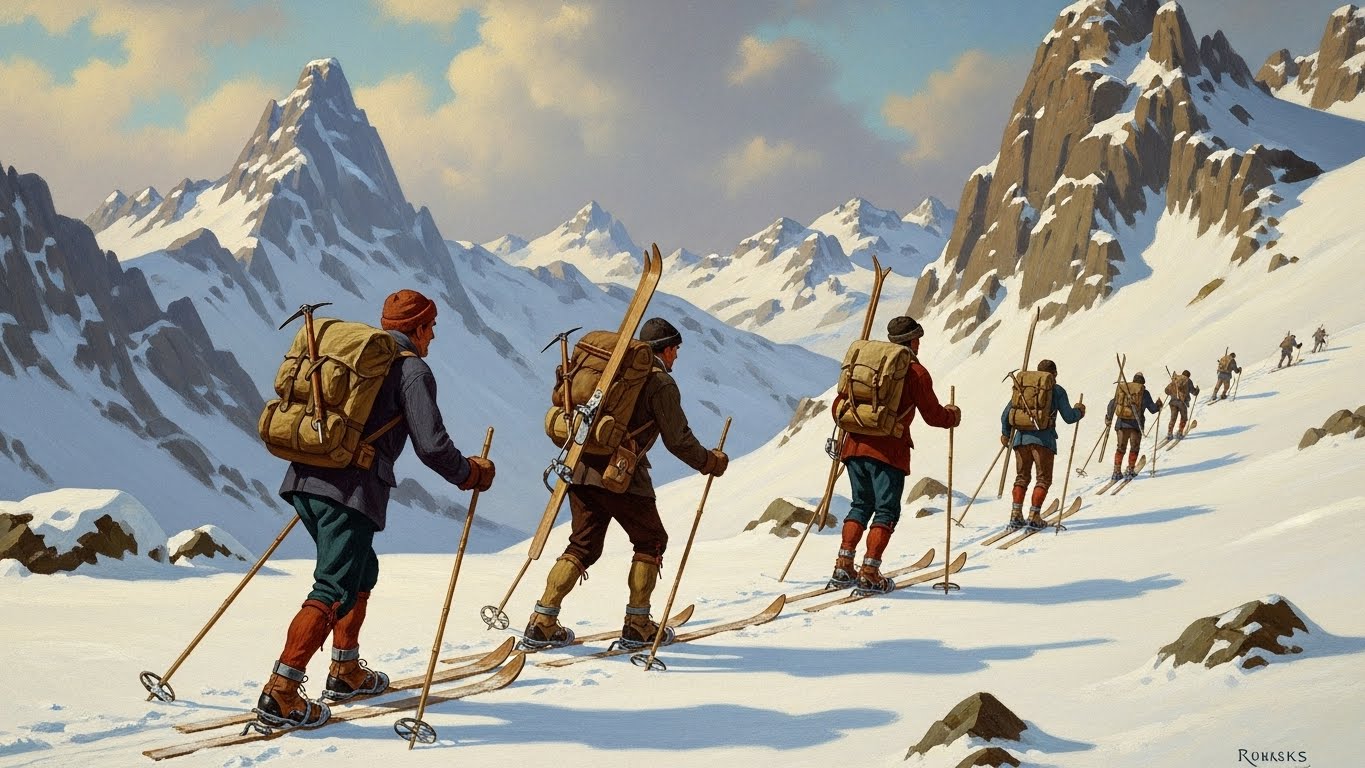스키 마운티니어링의 기원을 보여주는, 전통적인 장비로 설산을 탐험하는 사람들의 옛 그림.