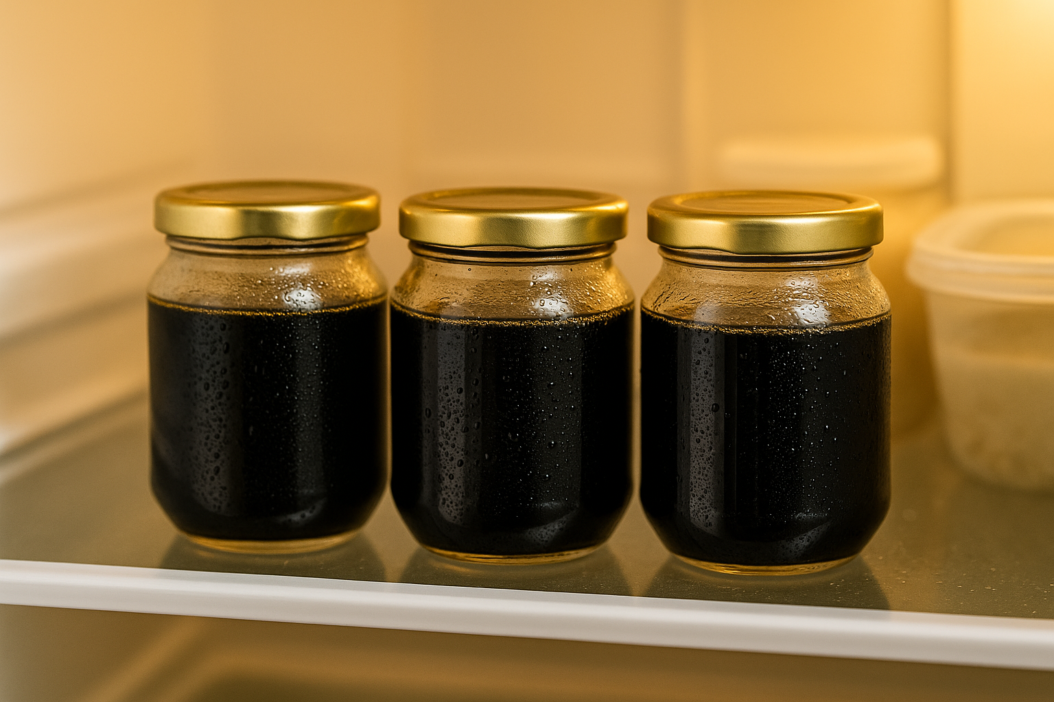 냉장고 선반에 정리된 밀봉된 유리병 간장 3개, 물방울 맺힌 모습