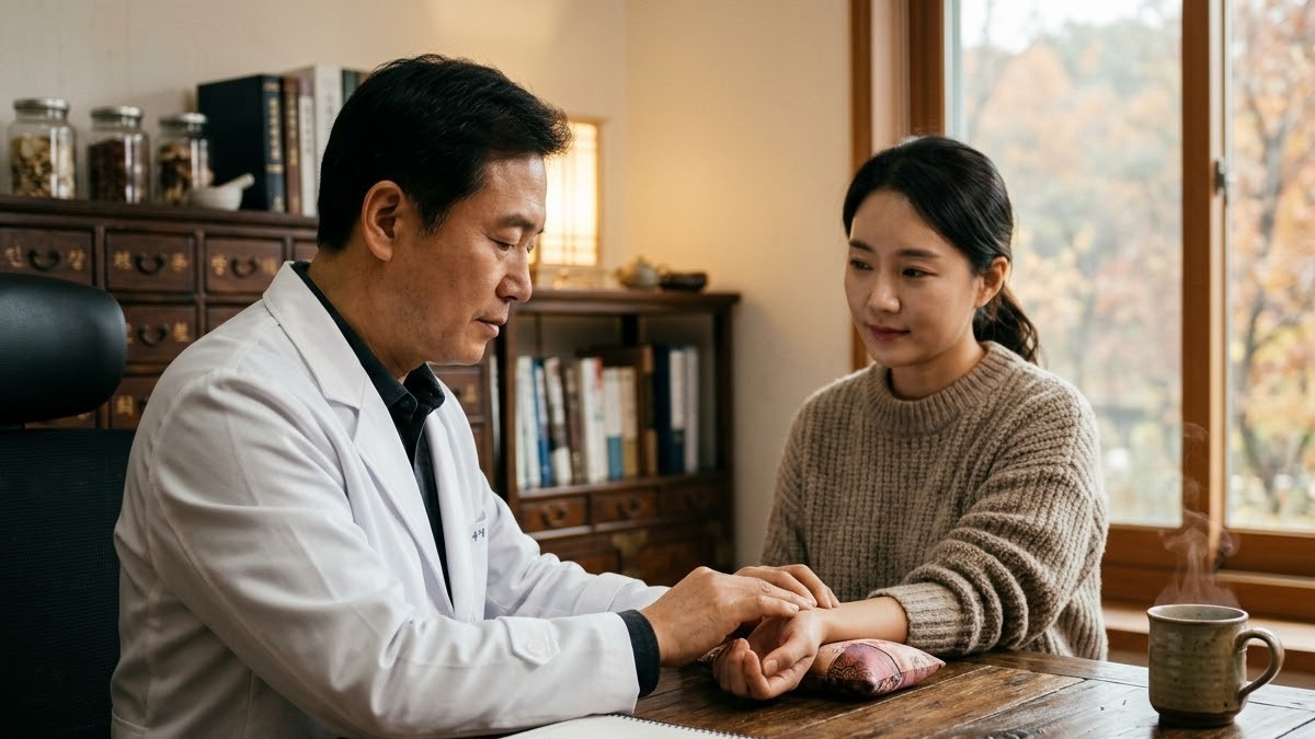 한의원에서 한의사가 30대 여성 환자의 손목 맥을 짚으며 상담하는 모습