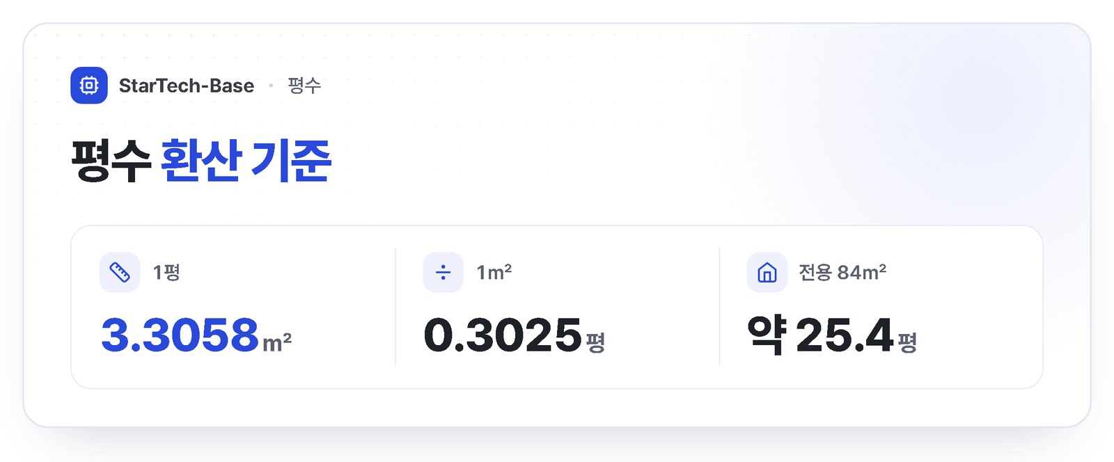 평수 환산 기준 - 1평은 약 3.3058㎡, 1㎡는 약 0.3025평, 전용 84㎡는 약 25.4평