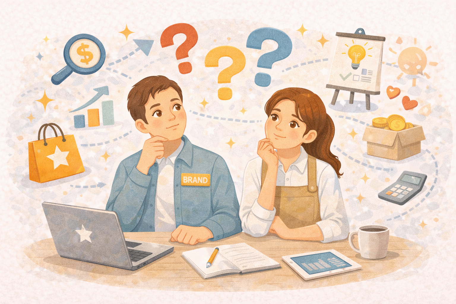 창업가의 질문을 상징하는 고민과 아이콘 일러스트