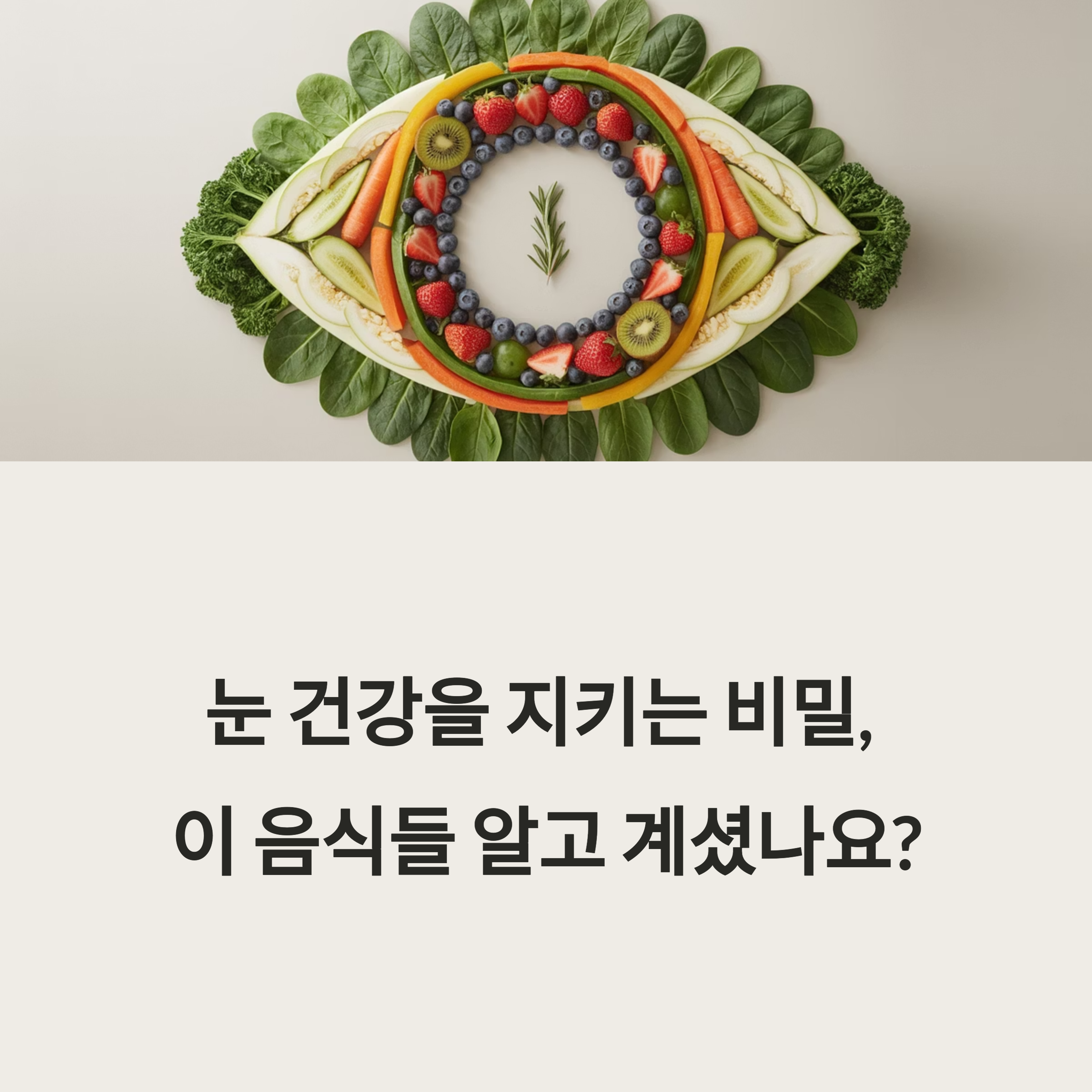 눈 모양으로 장식된 채소와 과일 접시 이미지. 눈 건강에 좋은 음식을 상징적으로 표현한 사진