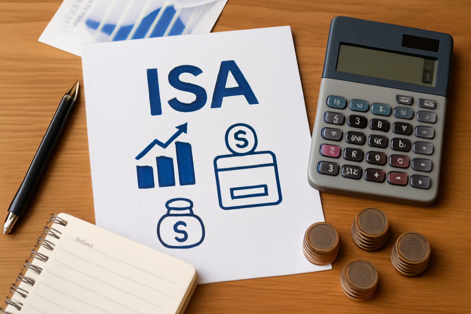 ISA 계좌의 절세와 자산 관리를 상징하는 책상 위 계산기와 동전