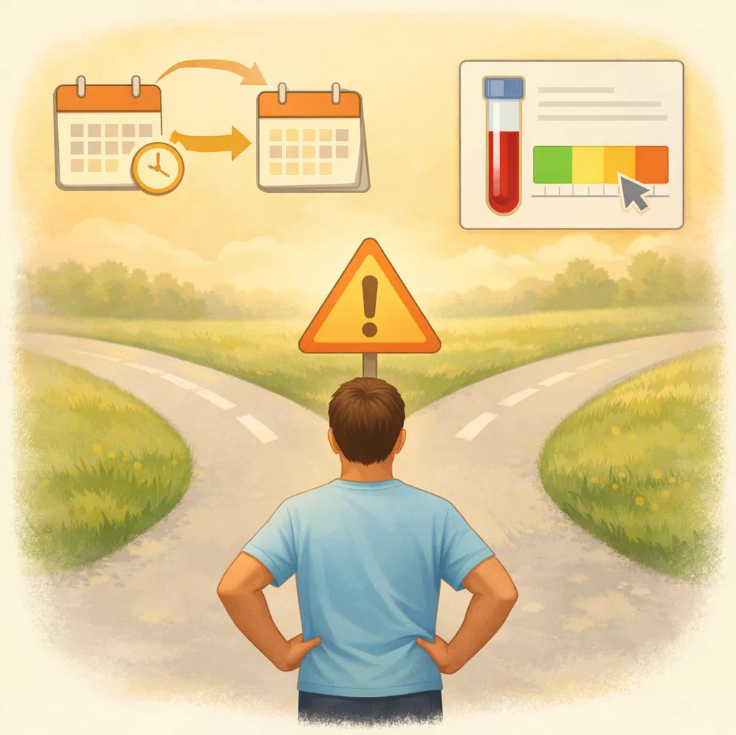 당뇨 전단계 또는 확진 이후 검사 주기와 관리 방향을 앞두고 선택의 기로에 선 수검자를 표현한 의료 일러스트