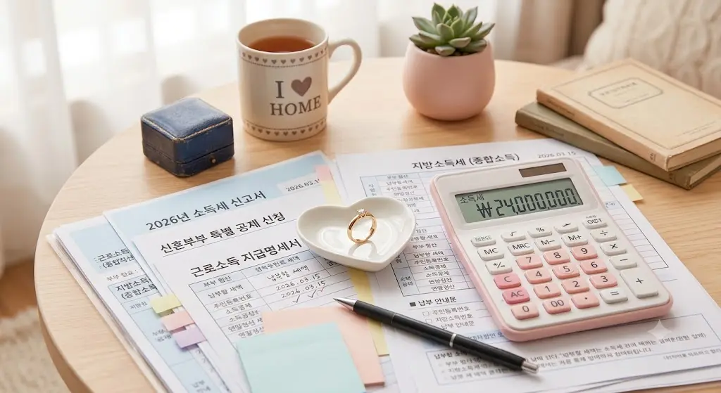 결혼반지와 계산기, 세금 서류가 함께 놓인 따뜻한 파스텔톤 정물 사진
