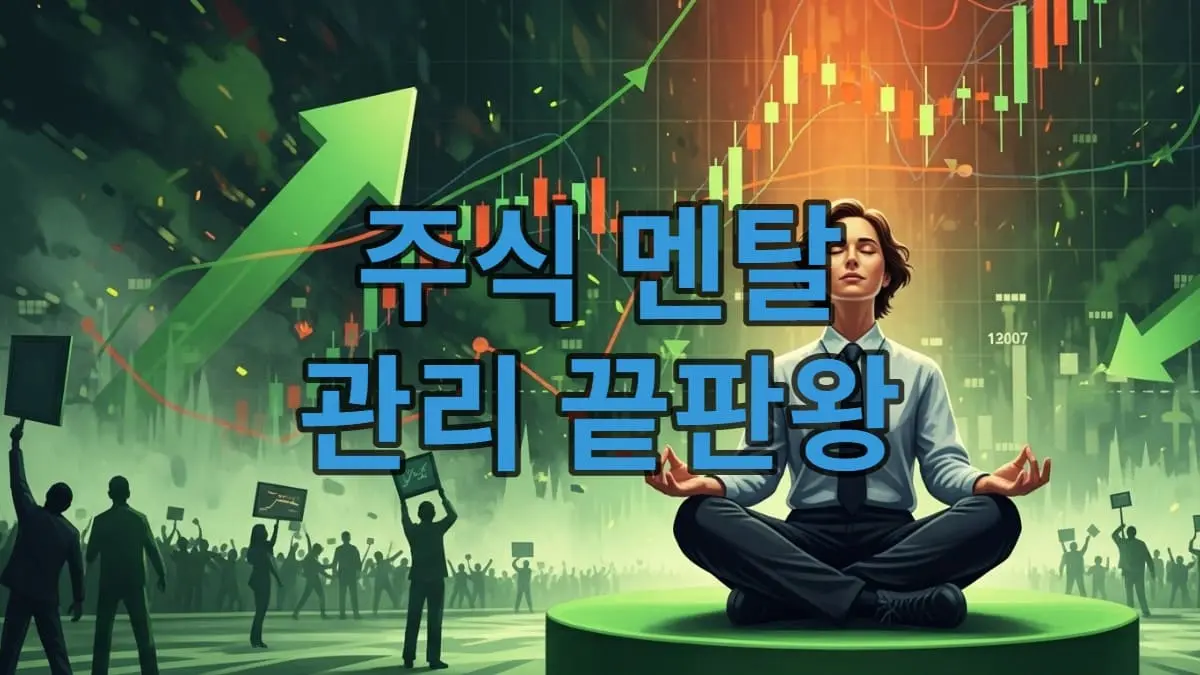 혼란스러운 주식 시장 속에서 차분하게 명상하는 투자자의 모습으로, 심리 관리의 중요성을 나타냅니다.