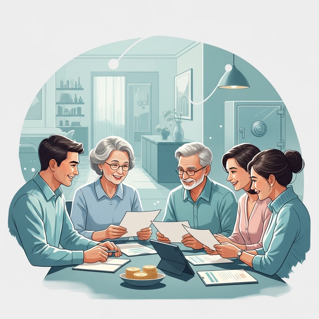 웃으며 재정 계획을 논의하는 노년 부부와 성인 자녀들의 모습. 가족 간의 화목한 자산 상속 및 증여 계획을 상징합니다.