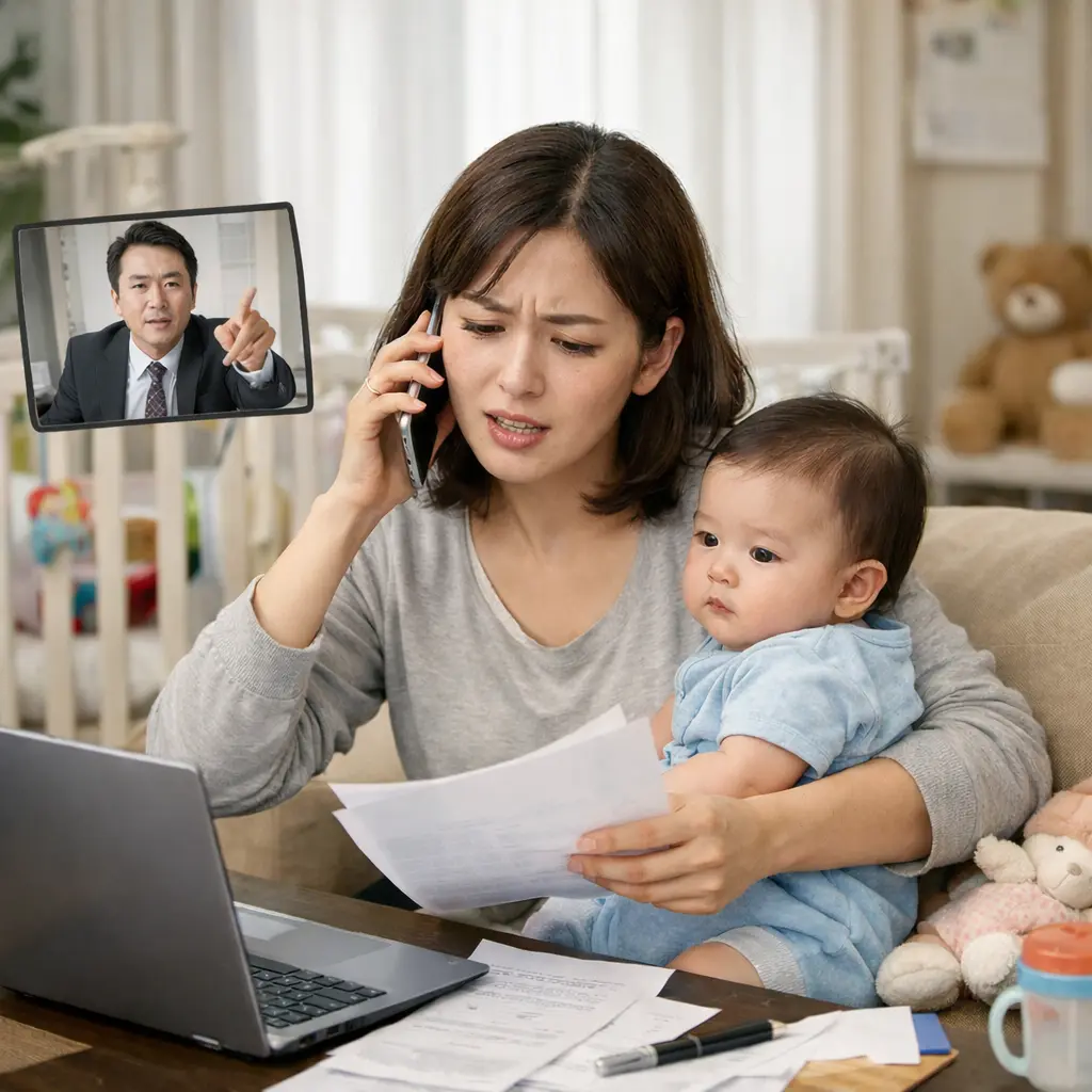 육아휴직으로 쉬는 중 회사에서 업무를 강요 요구하는 모습