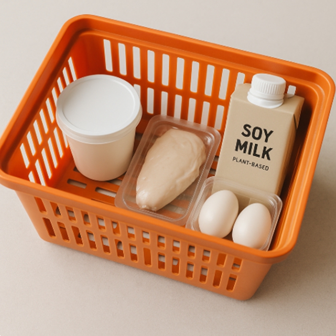 편의점 장바구니에 고단백 식품이 정리되어 담겨 있는 모습.