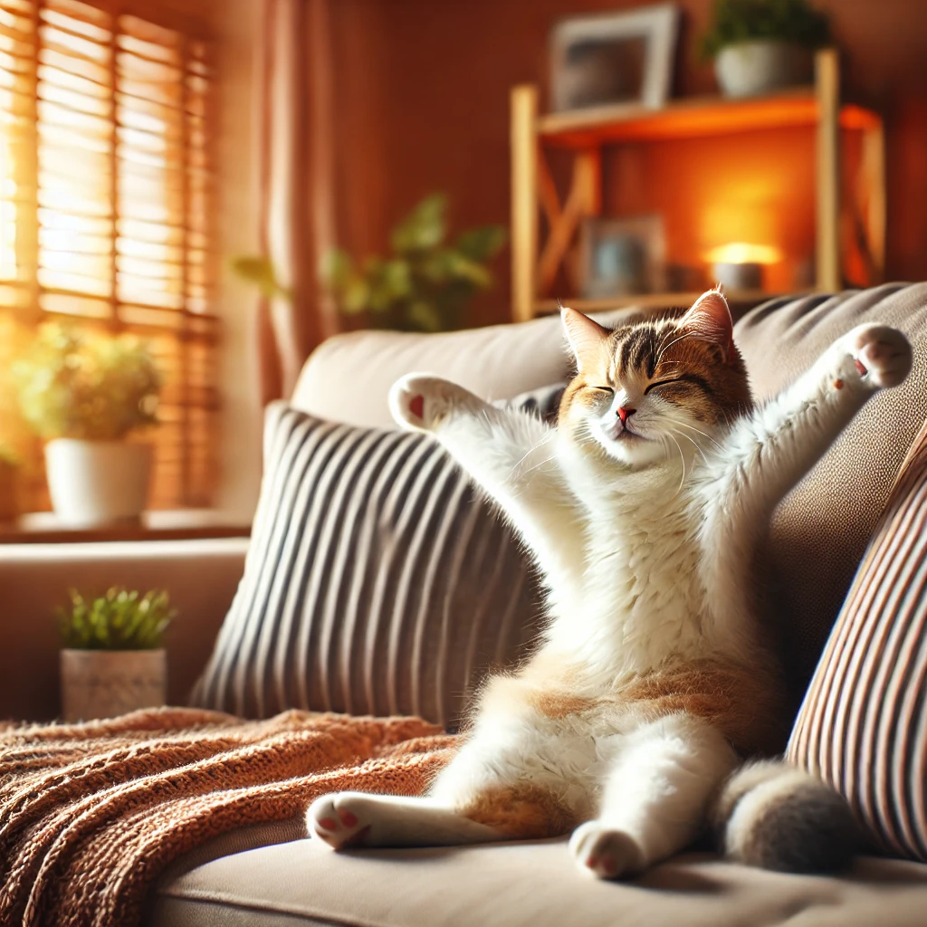 아늑한 소파 위에서 편안하게 쉬는 고양이