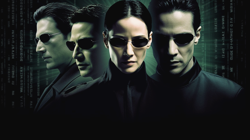 선글라스를 쓴 트리니티가 가운데 있으며 오른쪽 1명, 왼쪽 2명의 남자도 선글라스를 쓰고 있는 영화 포스터 그림