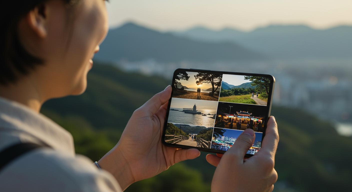 스마트폰 갤러리에서 강원도 여행 사진을 보며 미소 짓는 한국인.