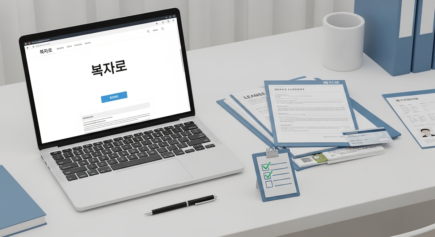 복지로 웹사이트가 열린 노트북과 월세 계약서, 신분증 등 청년 월세 지원 신청에 필요한 서류들이 깔끔하게 정돈된 책상.